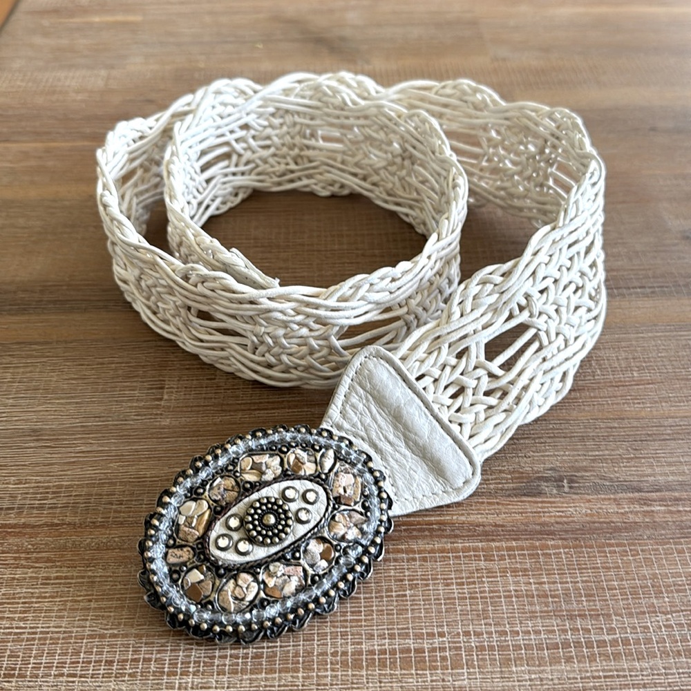 Leatherock Woven Belt In Cream Size 34